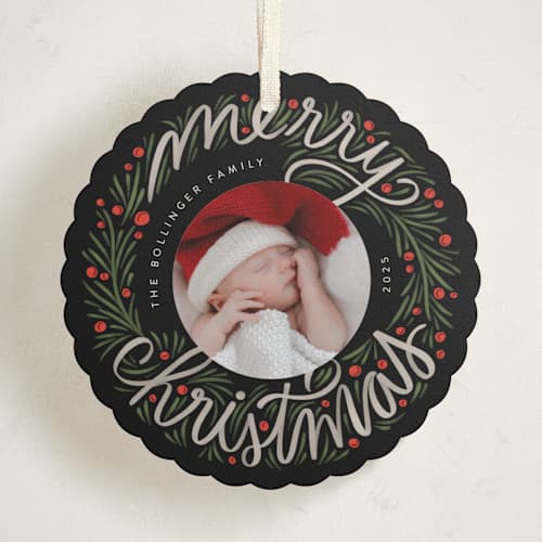 This is a holly holiday card ornaments with standard by Jen Owens called merry round printing on recycled smooth signature in ornament