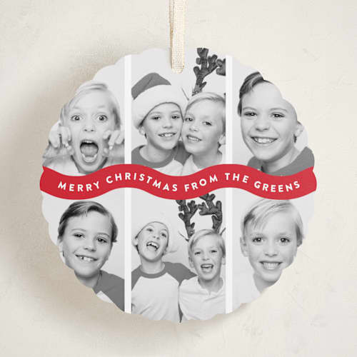 This is a santa suit holiday card ornaments with standard by Up Up Creative called bouncy printing on recycled smooth signature in ornament