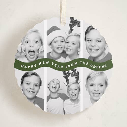 This is a pine holiday card ornaments with standard by Up Up Creative called bouncy printing on recycled smooth signature in ornament
