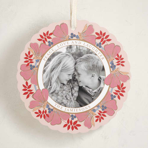 This is a blueberry peach holiday card ornaments with standard by Katrina Marquet called joyful wreath printing on recycled smooth signature in ornament