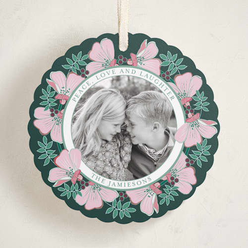 This is a emerald rose holiday card ornaments with standard by Katrina Marquet called joyful wreath printing on recycled smooth signature in ornament