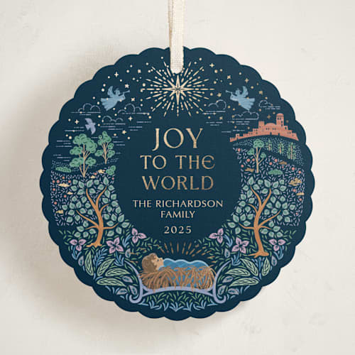 This is a starry night holiday card ornaments with foil pressed by Paper Sun Studio called away in a manger printing on signature in ornament