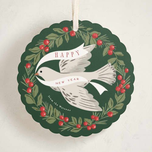 This is a evergreen holiday card ornaments with standard by Everett Paper Goods called dove wreath printing on signature in ornament