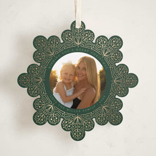 This is a forest holiday card ornaments with foil pressed by Amy Payne called scandinavian snowflake printing on recycled smooth signature in ornament