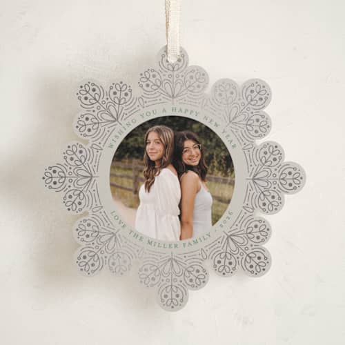 This is a snowfall holiday card ornaments with foil pressed by Amy Payne called scandinavian snowflake printing on recycled smooth signature in ornament