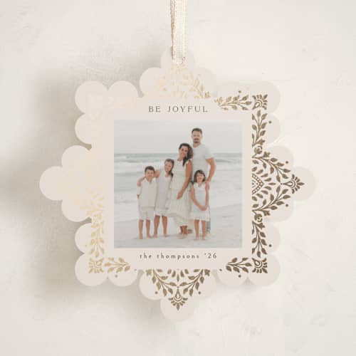 This is a cream holiday card ornaments with foil pressed by Ana de Sousa called beautiful foliage printing on recycled smooth signature in ornament