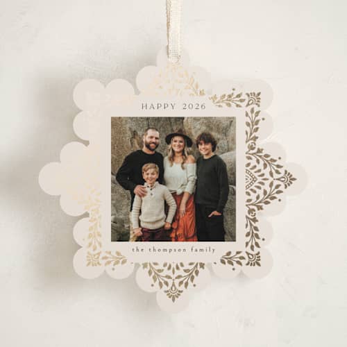 This is a cream holiday card ornaments with foil pressed by Ana de Sousa called beautiful foliage printing on recycled smooth signature in ornament