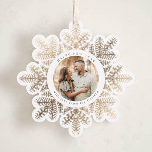 This is a snow holiday card ornaments with foil pressed by Laura Hankins called tinsel wreath printing on recycled smooth signature in ornament
