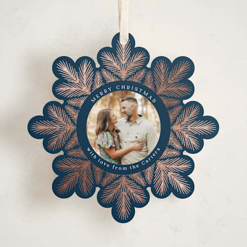 This is a midnight holiday card ornaments with foil pressed by Laura Hankins called tinsel wreath printing on recycled smooth signature in ornament