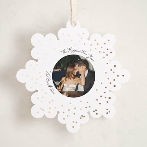 This is a snow holiday card ornaments with foil pressed by Anna Kasper called a very married christmas foil ornament printing on recycled smooth signature in ornament