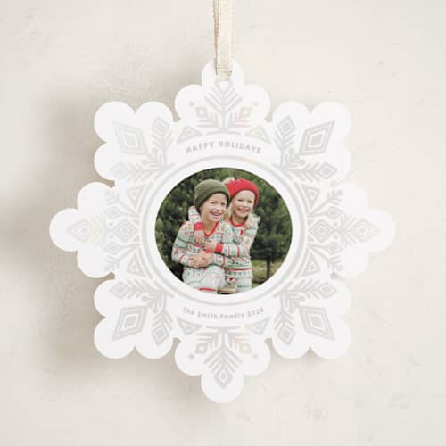 This is a snow holiday card ornaments with gloss press by Jessie Steury called super snowflake printing on recycled smooth signature in ornament