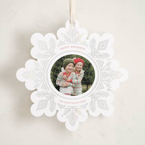 This is a blushing holiday card ornaments with gloss press by Jessie Steury called super snowflake printing on recycled smooth signature in ornament