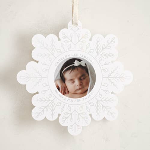 This is a snow holiday card ornaments with gloss press by Becky Nimoy called winter snowflake printing on recycled smooth signature in ornament