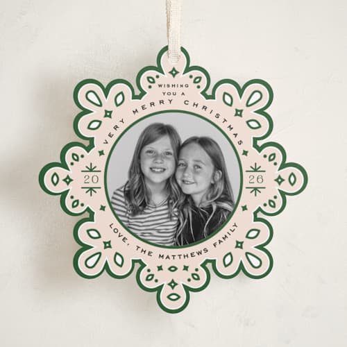 This is a pine holiday card ornaments with standard by Jennifer Lew called ornate printing on recycled smooth signature in ornament
