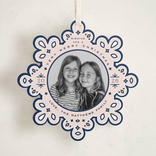 This is a navy holiday card ornaments with standard by Jennifer Lew called ornate printing on recycled smooth signature in ornament