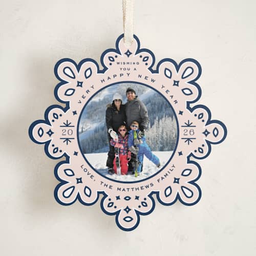 This is a navy holiday card ornaments with standard by Jennifer Lew called ornate printing on recycled smooth signature in ornament