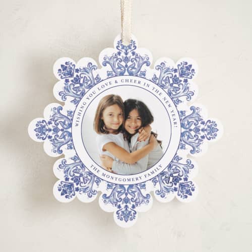 This is a cerulean holiday card ornaments with standard by Jenna Holcomb called azulejo printing on recycled smooth signature in ornament