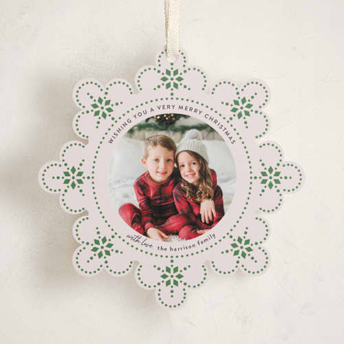 This is a pine needle holiday card ornaments with standard by Kampai Designs called snowflake story printing on recycled smooth signature in ornament