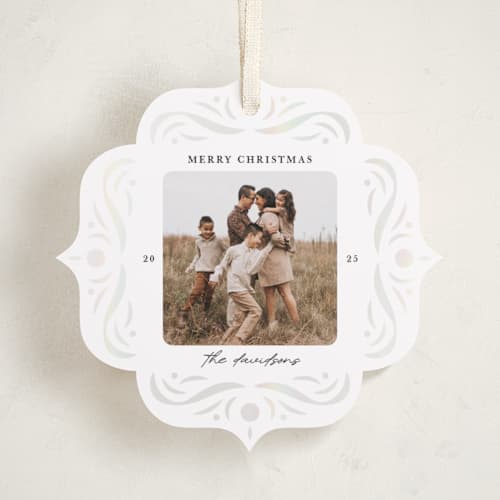 This is a snowflake holiday card ornaments with gloss press by Crisby called white christmas printing on recycled smooth signature in ornament