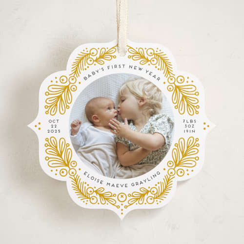 This is a ochre holiday card ornaments with standard by Genna Blackburn called first ornament printing on recycled smooth signature in ornament