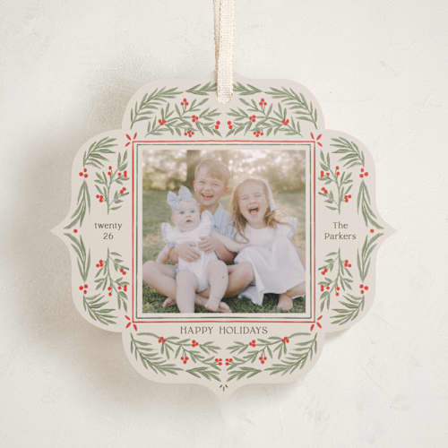 This is a eggnog holiday card ornaments with standard by Elly called flourish wreath printing on recycled smooth signature in ornament