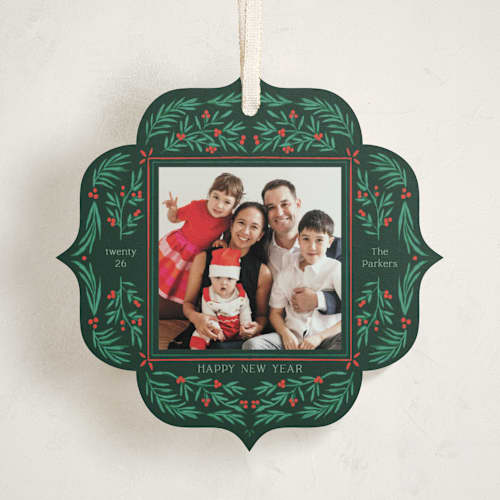 This is a pine holiday card ornaments with standard by Elly called flourish wreath printing on recycled smooth signature in ornament