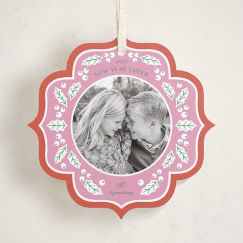 This is a candy cane holiday card ornaments with standard by Brandy Folse called holly frame printing on recycled smooth signature in ornament