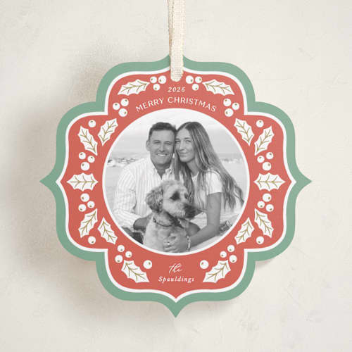 This is a festive holiday card ornaments with standard by Brandy Folse called holly frame printing on recycled smooth signature in ornament