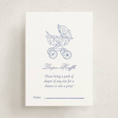 This is a navy baby shower insert cards with standard by Huefete called baby pram printing on signature in standard