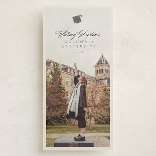 This is a sand graduation announcements with standard by Zove Ahhh called modern script printing on recycled smooth signature in tall