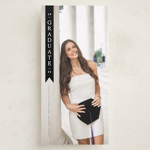 This is a noir graduation announcements with standard by Jackie Crawford called corner stole printing on recycled smooth signature in tall