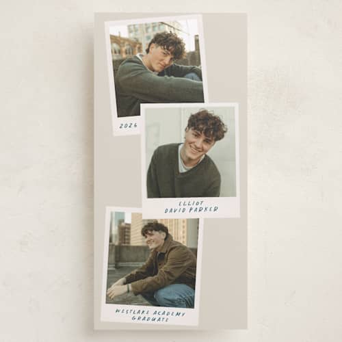 This is a sand graduation announcements with standard by Maja Cunningham called graduate snapshots printing on recycled smooth signature in tall