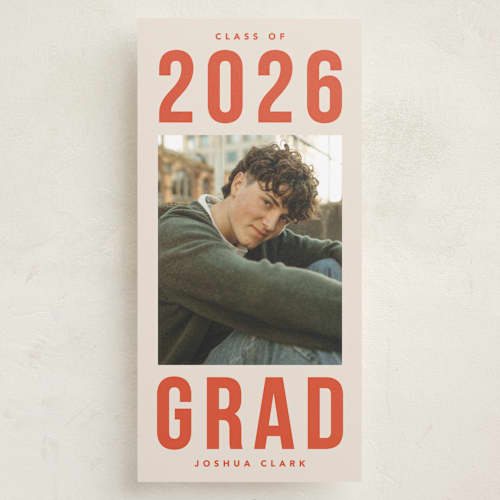 This is a tangerine graduation announcements with standard by Robert and Stella called poster type printing on recycled smooth signature in tall