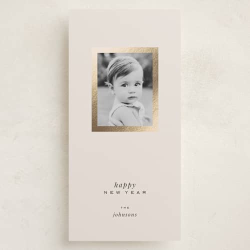 This is a eggnog foil pressed holiday cards with foil pressed by Brittany Braithwaite called gallery vibe printing on recycled smooth signature in tall