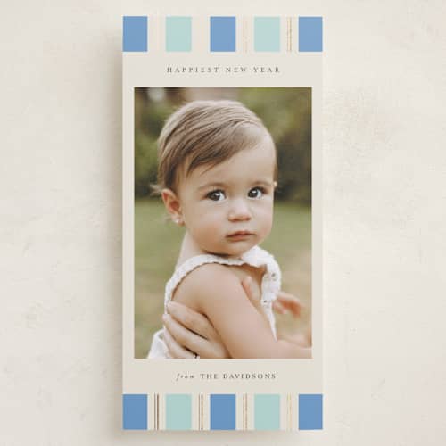 This is a sky foil pressed holiday cards with foil pressed by Jackie Crawford called candy cane border printing on recycled smooth signature in tall