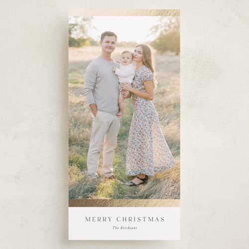 This is a snow foil pressed holiday cards with foil pressed by Yaling Hou Suzuki called holiday simplicity printing on recycled smooth signature in tall