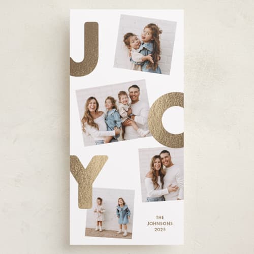 This is a halo foil pressed holiday cards with foil pressed by Kacey Kendrick Wagner called jumbled joy printing on recycled smooth signature in tall