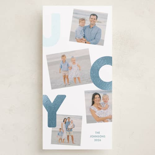 This is a icicle foil pressed holiday cards with foil pressed by Kacey Kendrick Wagner called jumbled joy printing on recycled smooth signature in tall