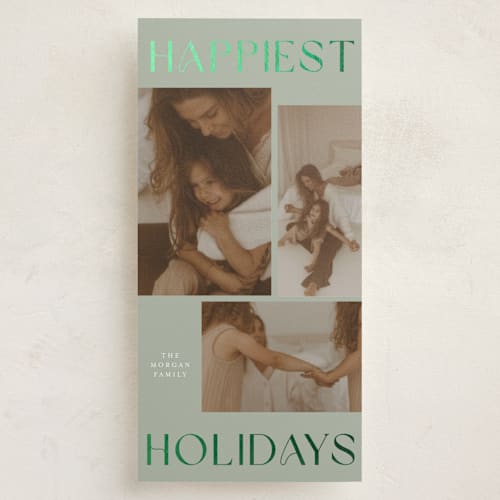 This is a sage foil pressed holiday cards with foil pressed by Angela Thompson called gilded shine printing on recycled smooth signature in tall