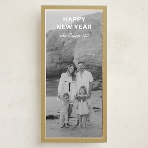 This is a goldenrod foil pressed holiday cards with foil pressed by Morgan Kendall called shimmer printing on recycled smooth signature in tall