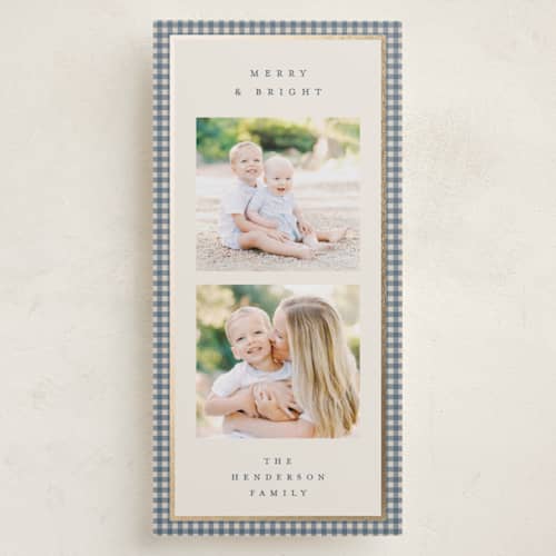 This is a blue spruce foil pressed holiday cards with foil pressed by Kelly Watkins called gingham border printing on recycled smooth signature in tall