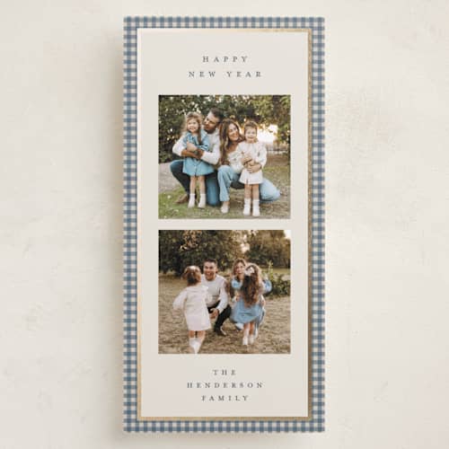 This is a blue spruce foil pressed holiday cards with foil pressed by Kelly Watkins called gingham border printing on recycled smooth signature in tall