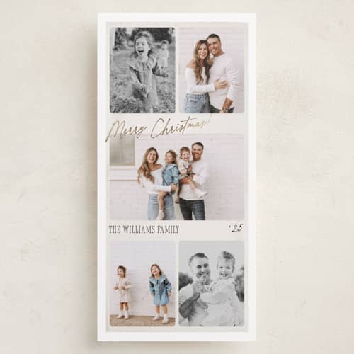 This is a snow foil pressed holiday cards with foil pressed by Robert and Stella called holiday film printing on recycled smooth signature in tall