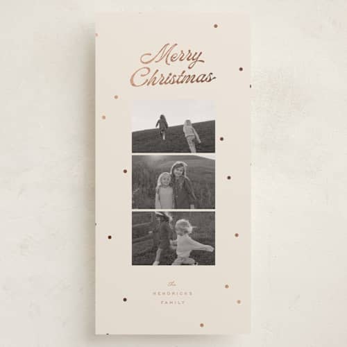 This is a salmon foil pressed holiday cards with foil pressed by Ellen Schlegelmilch called dainty dots printing on recycled smooth signature in tall