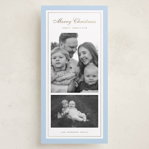 This is a blue spruce foil pressed holiday cards with foil pressed by Wildfield Paper Co called sage printing on recycled smooth signature in tall