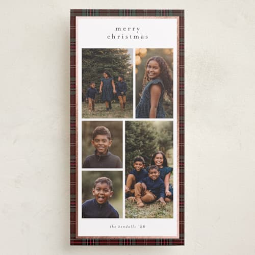 This is a burgundy foil pressed holiday cards with foil pressed by Stacey Meacham called plaid collage printing on recycled smooth signature in tall