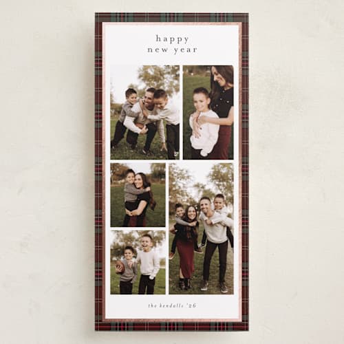 This is a burgundy foil pressed holiday cards with foil pressed by Stacey Meacham called plaid collage printing on recycled smooth signature in tall