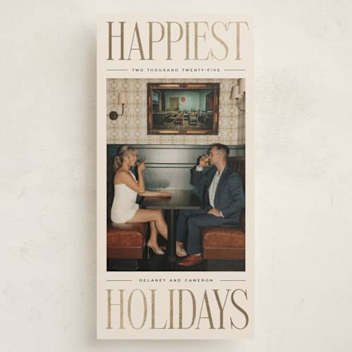 This is a licorice foil pressed holiday cards with foil pressed by Ekko Studio called elongated printing on recycled smooth signature in tall