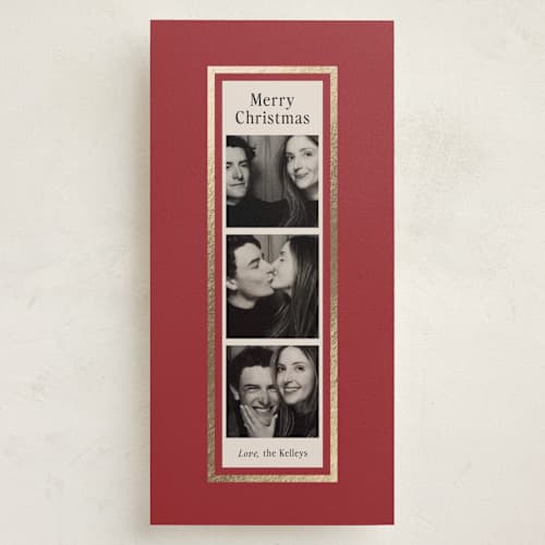 This is a burgundy foil pressed holiday cards with foil pressed by Ani Somi called photomatic printing on recycled smooth signature in tall