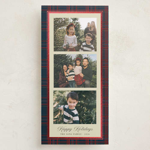 This is a navy foil pressed holiday cards with foil pressed by Studio Suku called tall tartan printing on recycled smooth signature in tall